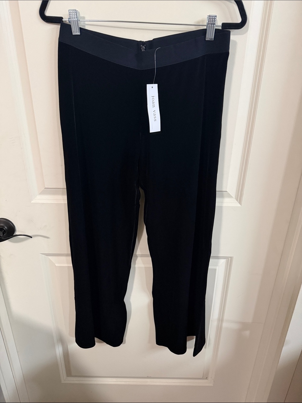 Joan Vass Black Velour Wide-Leg Pull-On Pants with zipper